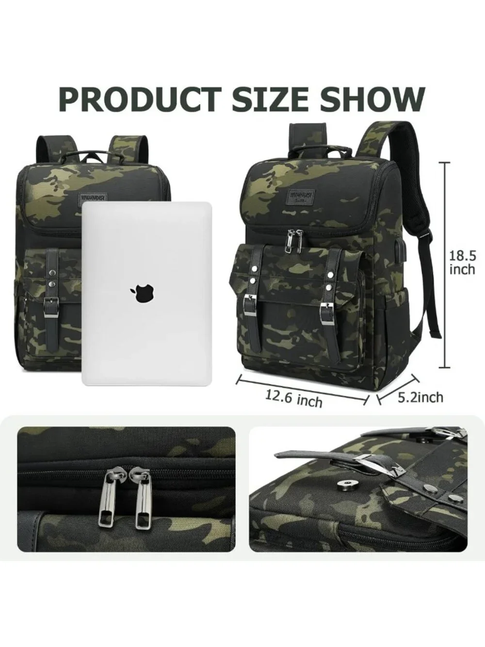 Vintage Camouflage Laptop Backpack with USB Charging Port for Travel & College